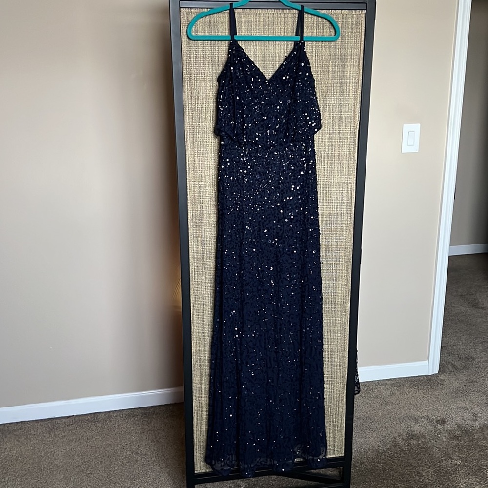 Adrianna Papell all over sequin spaghetti strap blouson gown, navy blue